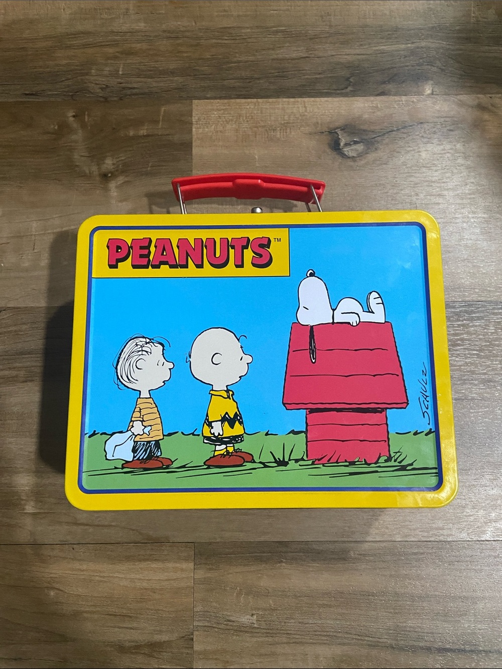Vintage Peanuts Tin Lunchbox with Snoopy Doghouse Artwork - Yellow, Red & Blue